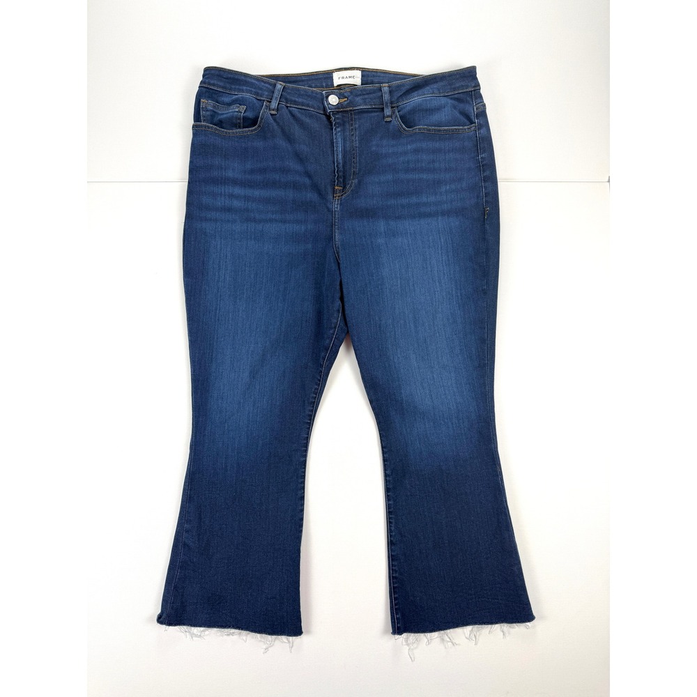 FRAME Le Crop Mini Boot Jeans Womens 33 (36x25) Blue Raw Hem Stretch Denim #3065